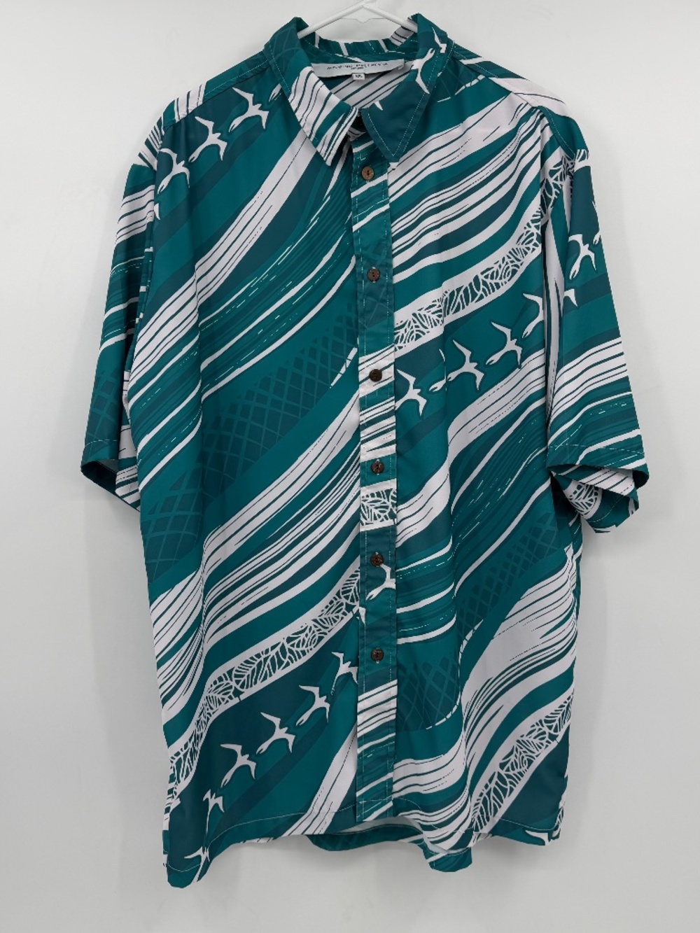 Missing Polynesia Shirt Men 2XL Green White Button Up Short Sleeve Lightweight